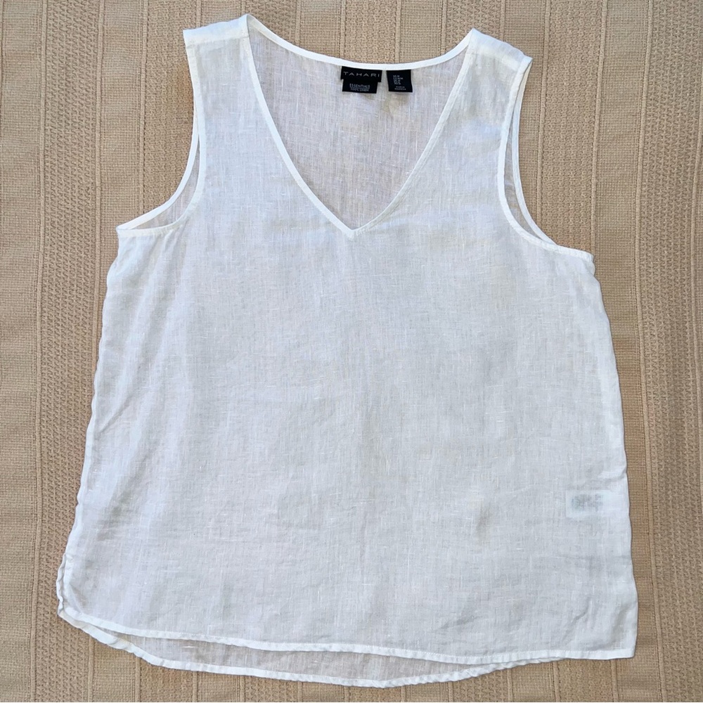 Tahari 100% Linen Sleeveless White Flowy Tank Blouse